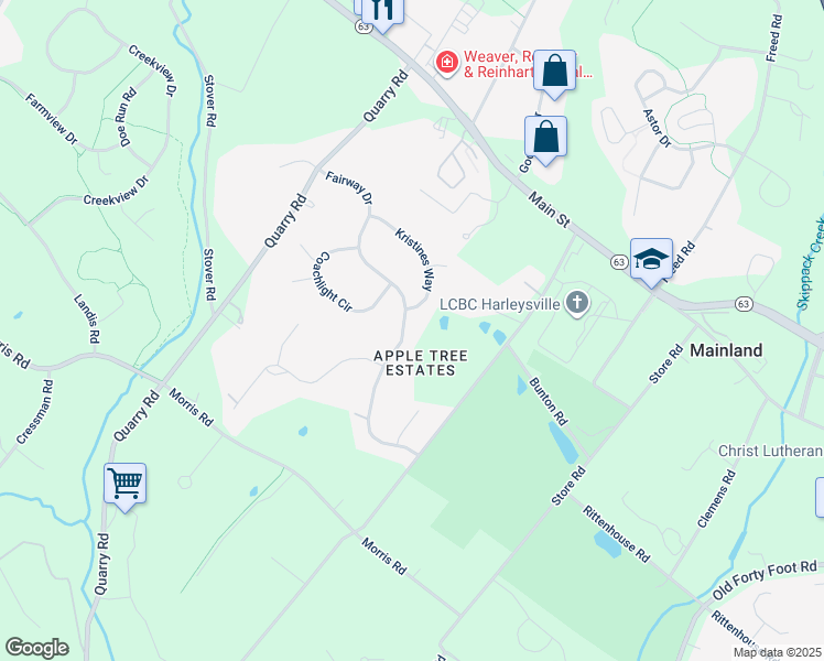 map of restaurants, bars, coffee shops, grocery stores, and more near 149 Fairway Drive in Harleysville