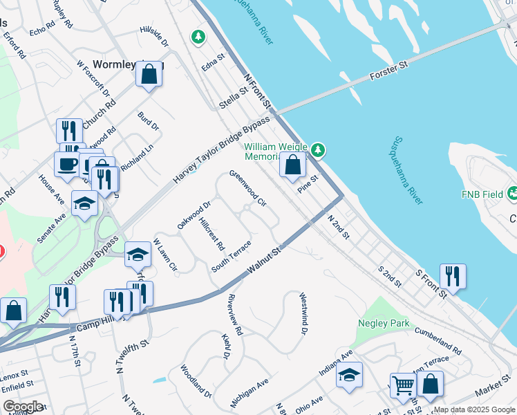 map of restaurants, bars, coffee shops, grocery stores, and more near 76 Greenwood Circle in Wormleysburg