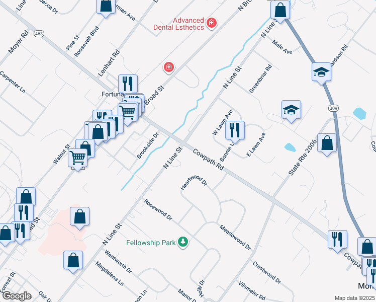 map of restaurants, bars, coffee shops, grocery stores, and more near 2 North Line Street in Lansdale