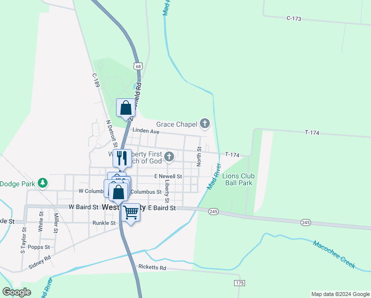 map of restaurants, bars, coffee shops, grocery stores, and more near 416 Washington Street in West Liberty