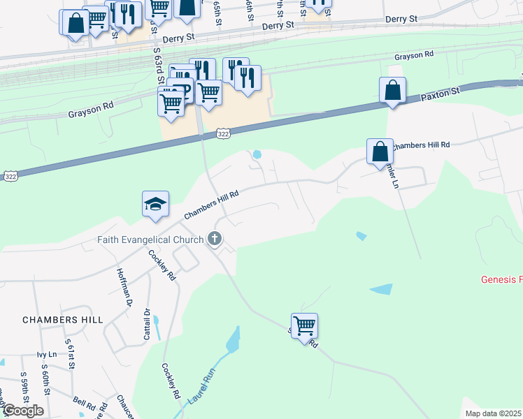 map of restaurants, bars, coffee shops, grocery stores, and more near 6891 Chatham Drive in Harrisburg
