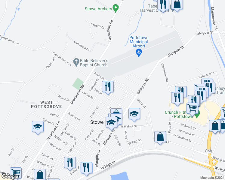 map of restaurants, bars, coffee shops, grocery stores, and more near 835 Monroe Avenue in Stowe