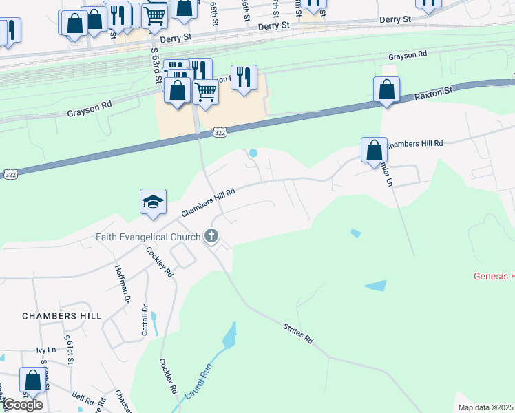map of restaurants, bars, coffee shops, grocery stores, and more near 6891 Chatham Drive in Harrisburg