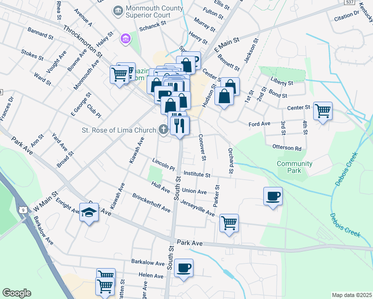 map of restaurants, bars, coffee shops, grocery stores, and more near 81 South Street in Freehold