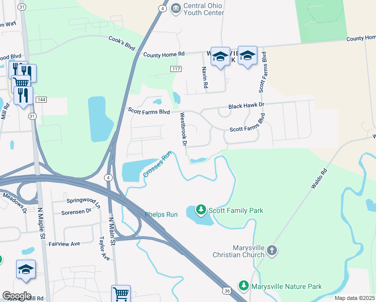 map of restaurants, bars, coffee shops, grocery stores, and more near 1383 Westbrook Drive in Marysville