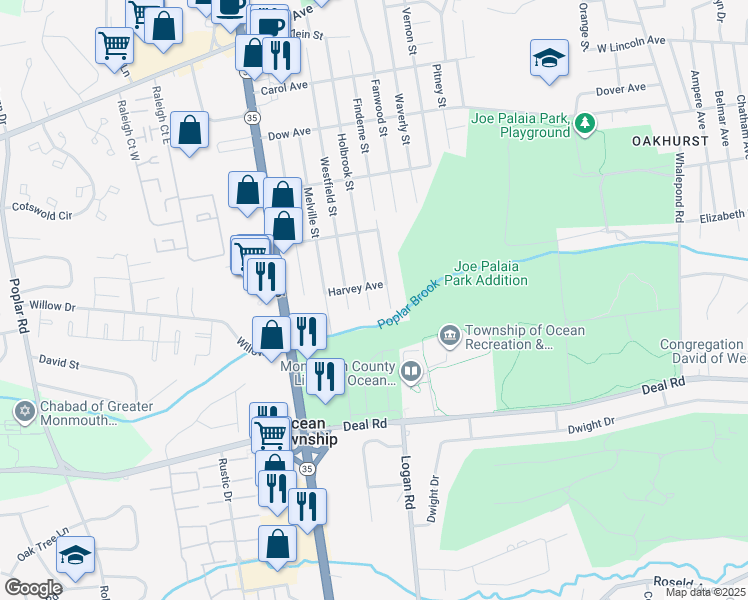 map of restaurants, bars, coffee shops, grocery stores, and more near 1601 Westfield Street in Monmouth County