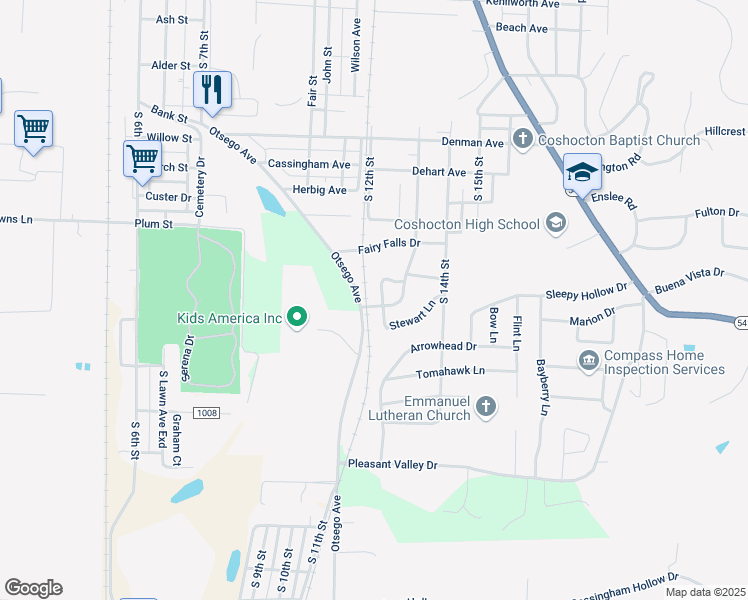 map of restaurants, bars, coffee shops, grocery stores, and more near 1238 Stewart Lane in Coshocton