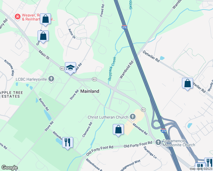 map of restaurants, bars, coffee shops, grocery stores, and more near 22 Main Street in Montgomery County
