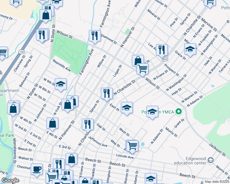 map of restaurants, bars, coffee shops, grocery stores, and more near 649 North Charlotte Street in Pottstown