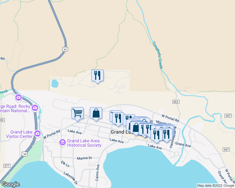 map of restaurants, bars, coffee shops, grocery stores, and more near 530-890 Old Tonahutu Ridge Road in Grand Lake