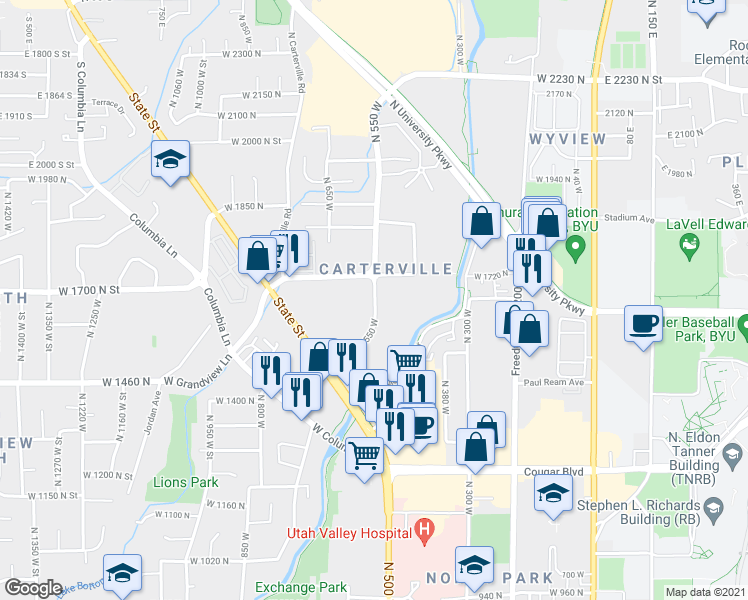 map of restaurants, bars, coffee shops, grocery stores, and more near 1625 Riverside Avenue in Provo