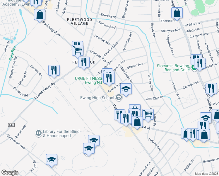 map of restaurants, bars, coffee shops, grocery stores, and more near 1035 Parkway Avenue in Ewing Township