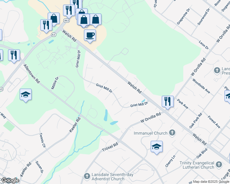 map of restaurants, bars, coffee shops, grocery stores, and more near 441 Stonemason Way in Lansdale