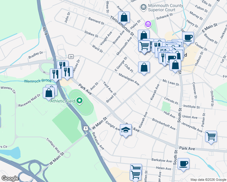 map of restaurants, bars, coffee shops, grocery stores, and more near 14 Yard Avenue in Freehold