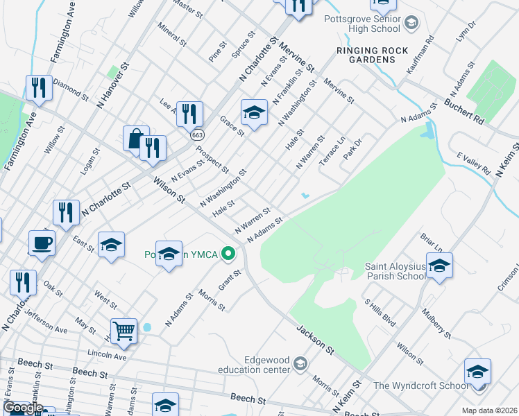 map of restaurants, bars, coffee shops, grocery stores, and more near 854 North Warren Street in Pottstown