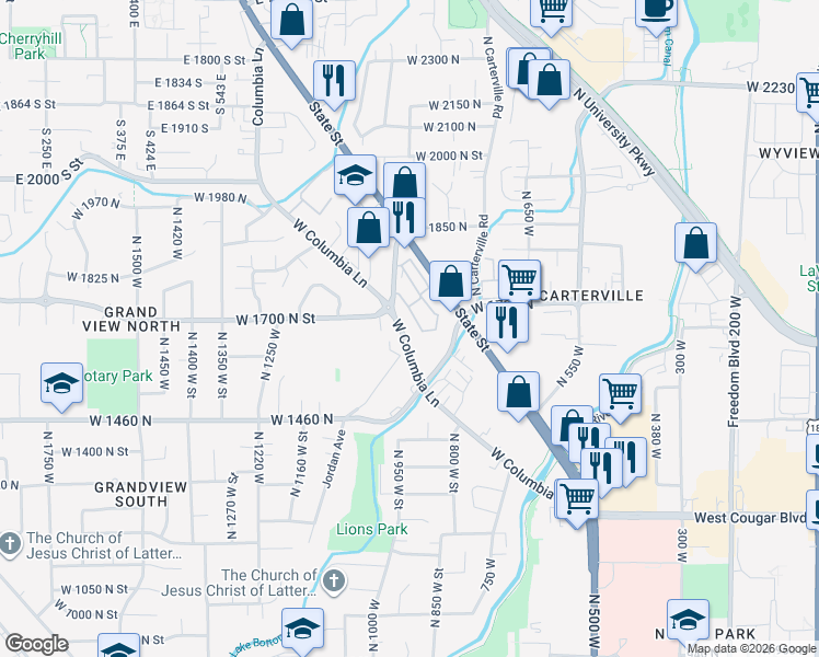 map of restaurants, bars, coffee shops, grocery stores, and more near 1640 Woodland Drive in Provo