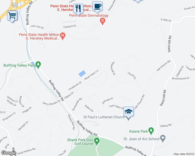 map of restaurants, bars, coffee shops, grocery stores, and more near 163 High Pointe Drive in Hummelstown
