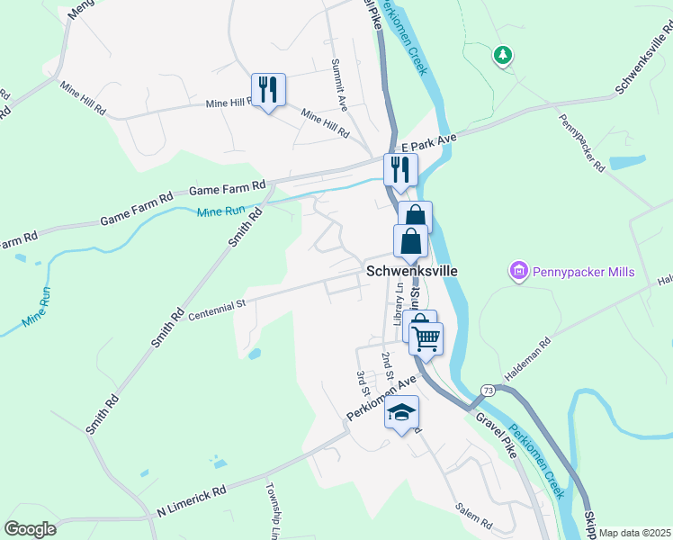 map of restaurants, bars, coffee shops, grocery stores, and more near 62 Pennypacker Drive in Schwenksville