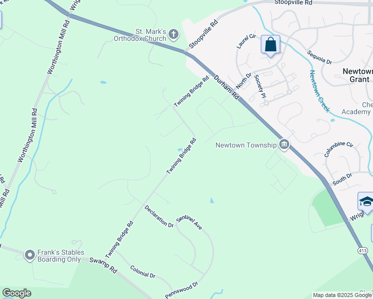 map of restaurants, bars, coffee shops, grocery stores, and more near 130 Twining Bridge Road in Newtown