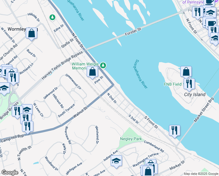 map of restaurants, bars, coffee shops, grocery stores, and more near 12 Walnut St in Wormleysburg