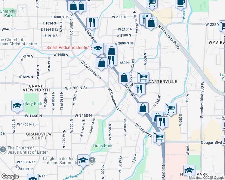 map of restaurants, bars, coffee shops, grocery stores, and more near 1633 Woodland Drive in Provo