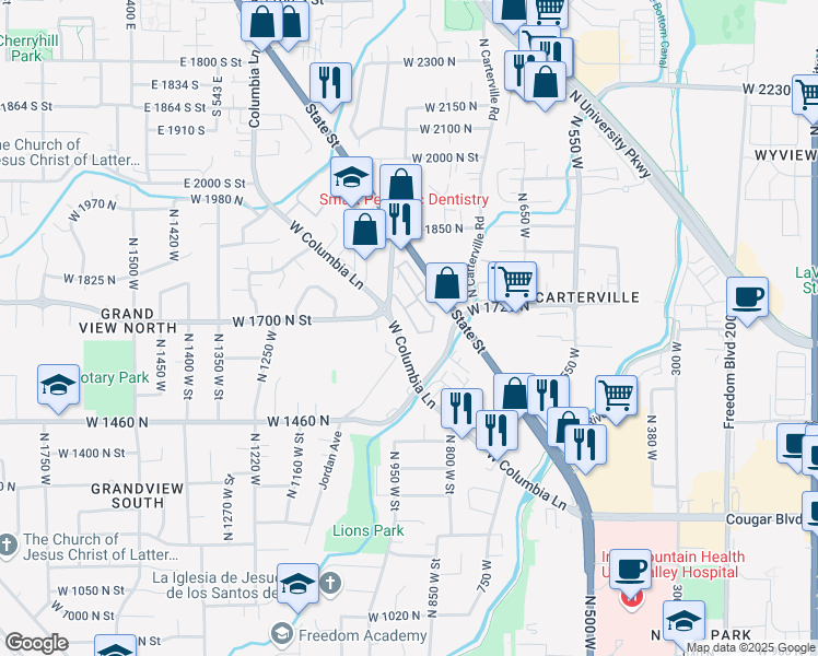 map of restaurants, bars, coffee shops, grocery stores, and more near 1638 Woodland Drive in Provo
