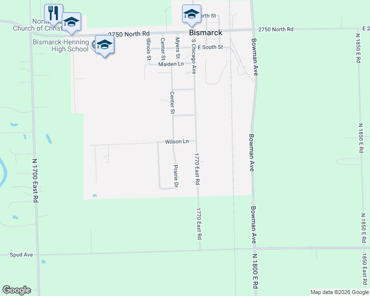 map of restaurants, bars, coffee shops, grocery stores, and more near 413-415 Center Street in Bismarck