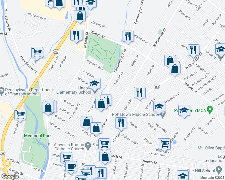map of restaurants, bars, coffee shops, grocery stores, and more near 542 Farmington Avenue in Pottstown