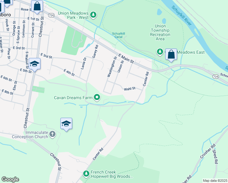 map of restaurants, bars, coffee shops, grocery stores, and more near 217 Union Street in Douglassville