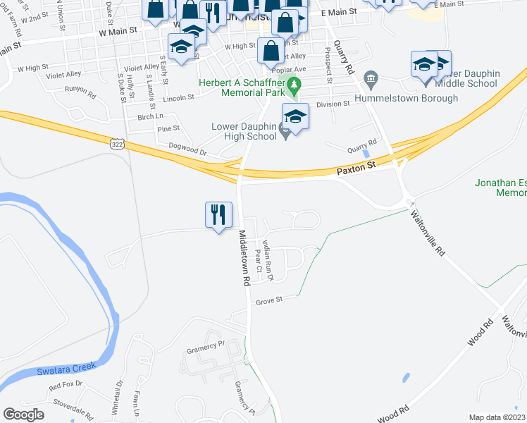 map of restaurants, bars, coffee shops, grocery stores, and more near 325 Jonathan Court in Hummelstown