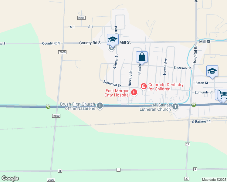 map of restaurants, bars, coffee shops, grocery stores, and more near 304 Glacier Avenue in Brush
