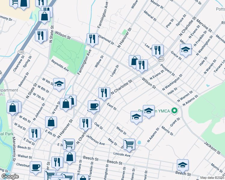 map of restaurants, bars, coffee shops, grocery stores, and more near 700 Spruce Street in Pottstown