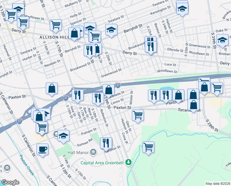map of restaurants, bars, coffee shops, grocery stores, and more near 838 South 20th Street in Harrisburg