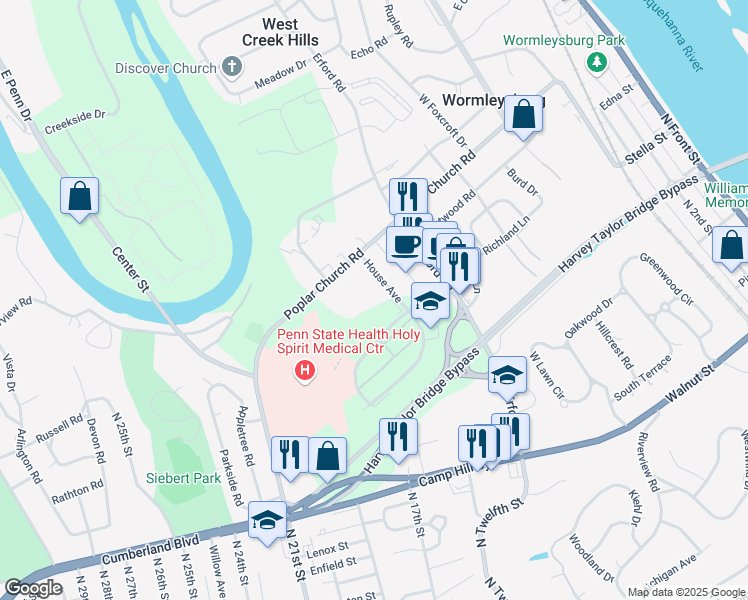 map of restaurants, bars, coffee shops, grocery stores, and more near 10 House Avenue in Camp Hill