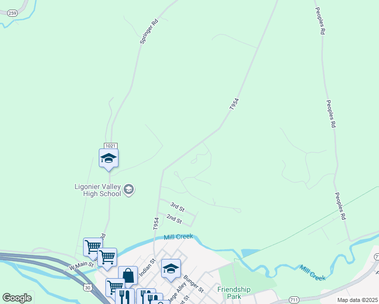 map of restaurants, bars, coffee shops, grocery stores, and more near 89-129 T954 in Ligonier