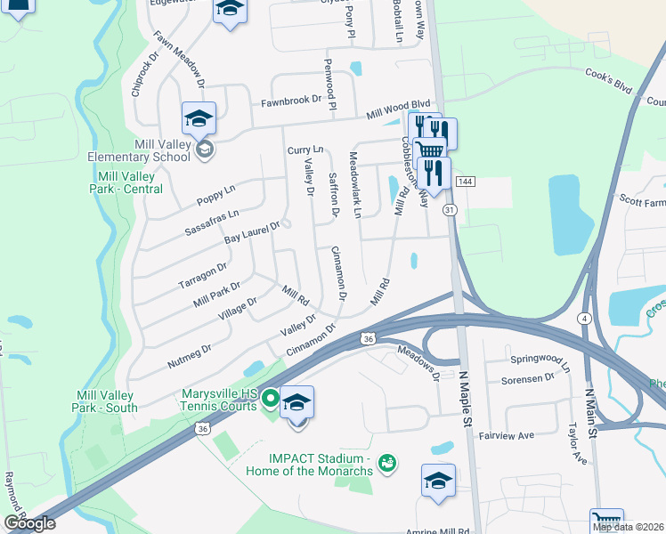 map of restaurants, bars, coffee shops, grocery stores, and more near 1479 Cinnamon Drive in Marysville