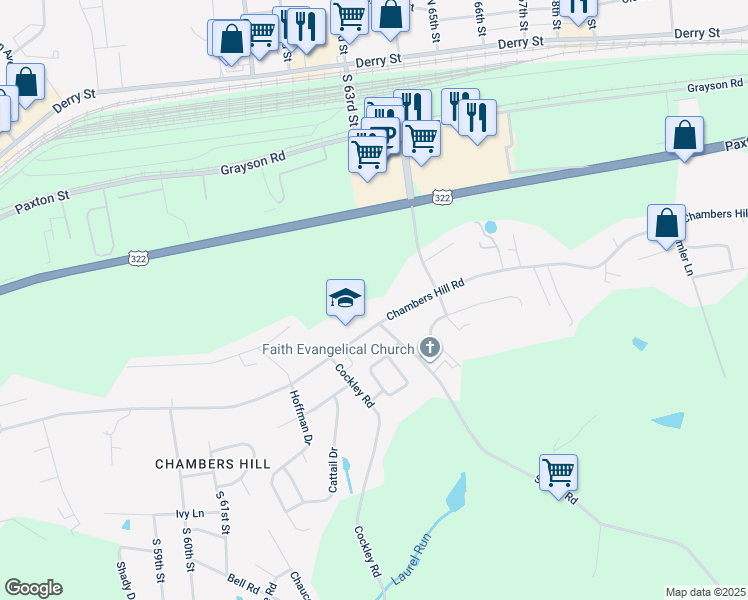 map of restaurants, bars, coffee shops, grocery stores, and more near 6520 Chambers Hill Rd in Harrisburg
