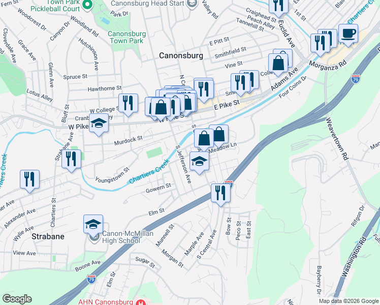 map of restaurants, bars, coffee shops, grocery stores, and more near 12 Archer Street in Canonsburg