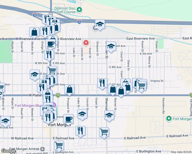 map of restaurants, bars, coffee shops, grocery stores, and more near 803 Simpson Street in Fort Morgan