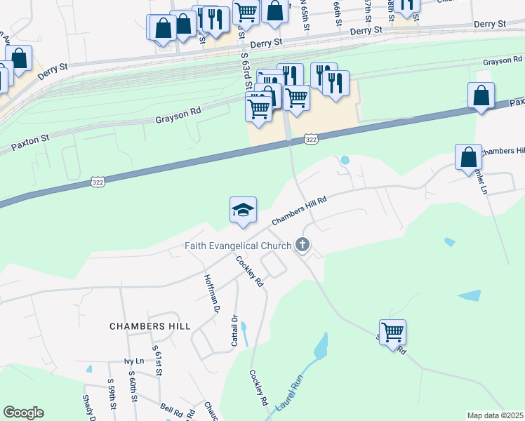 map of restaurants, bars, coffee shops, grocery stores, and more near 6520 Chambers Hill Rd in Harrisburg