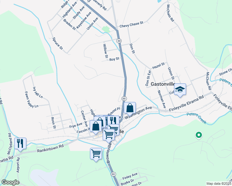 map of restaurants, bars, coffee shops, grocery stores, and more near 6023 Pennsylvania 88 in Finleyville
