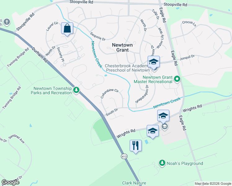 map of restaurants, bars, coffee shops, grocery stores, and more near 7 Sunflower Court in Newtown