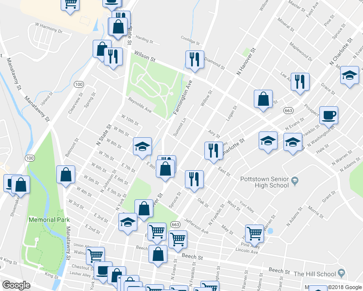 map of restaurants, bars, coffee shops, grocery stores, and more near 550 Willow Street in Pottstown