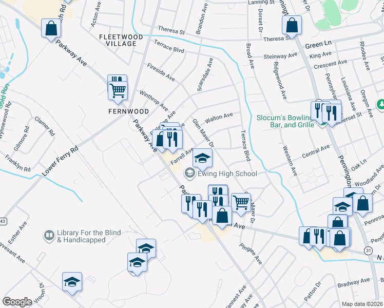 map of restaurants, bars, coffee shops, grocery stores, and more near 2 Calvin Avenue in Ewing Township