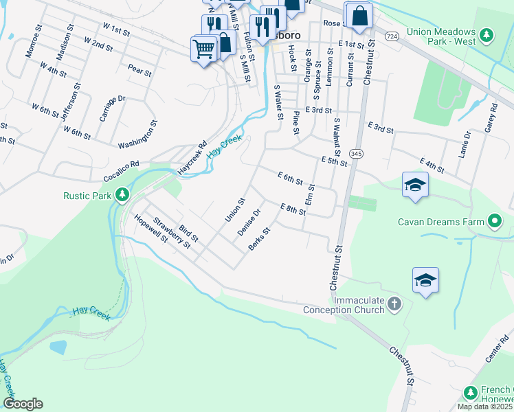 map of restaurants, bars, coffee shops, grocery stores, and more near 900 Denise Drive in Birdsboro