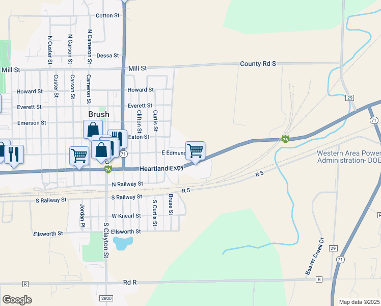 map of restaurants, bars, coffee shops, grocery stores, and more near 303 East Edmunds Street in Brush