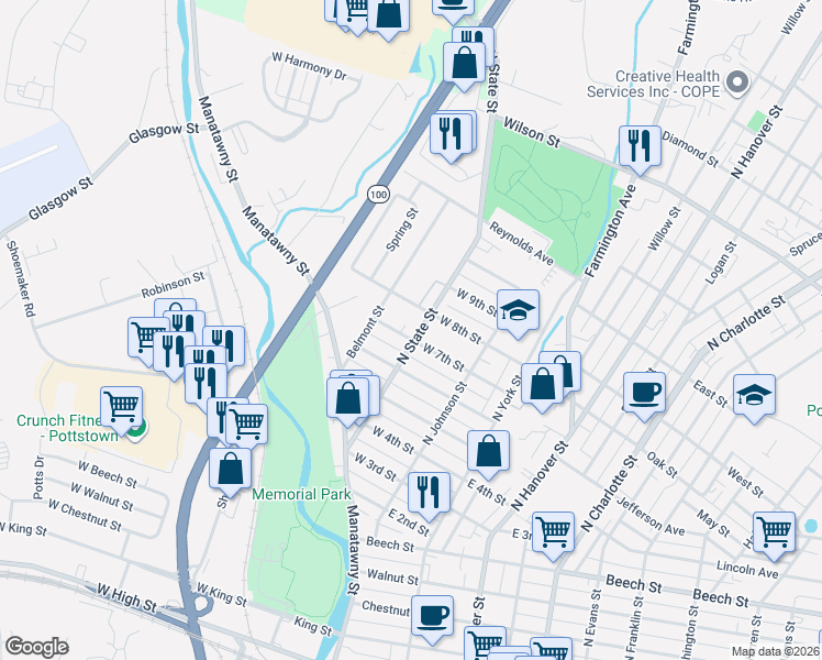 map of restaurants, bars, coffee shops, grocery stores, and more near 116 West 8th Street in Pottstown