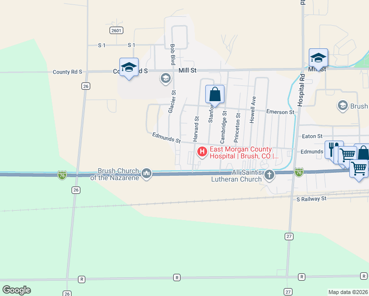map of restaurants, bars, coffee shops, grocery stores, and more near 304 Applewood Street in Brush