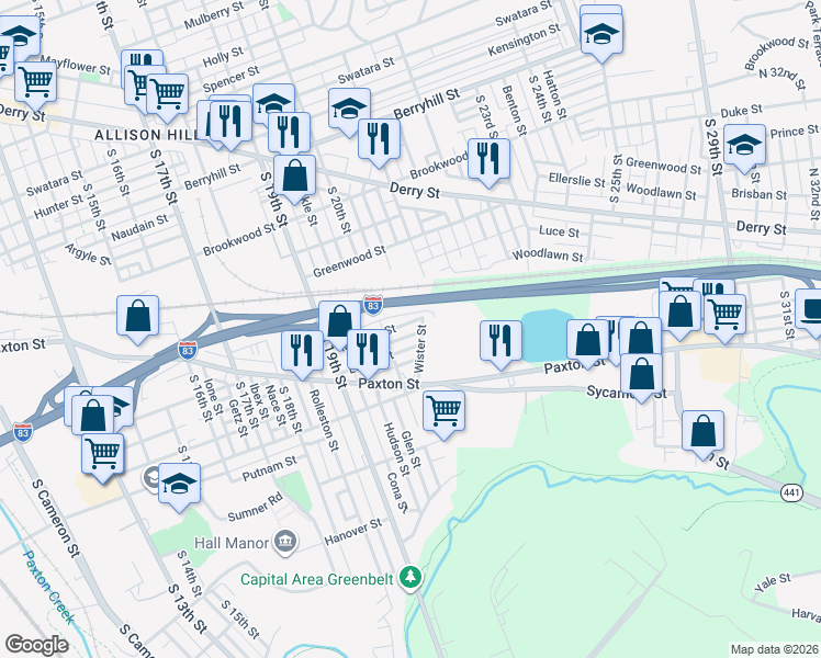 map of restaurants, bars, coffee shops, grocery stores, and more near 2020 Manada Street in Harrisburg