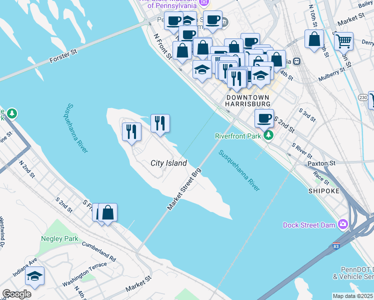 map of restaurants, bars, coffee shops, grocery stores, and more near 100 Walnut Street Bridge in Harrisburg